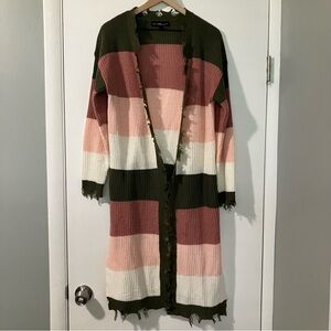 derek heart Striped Distressed Cardigan Green Cream Pink Size Large